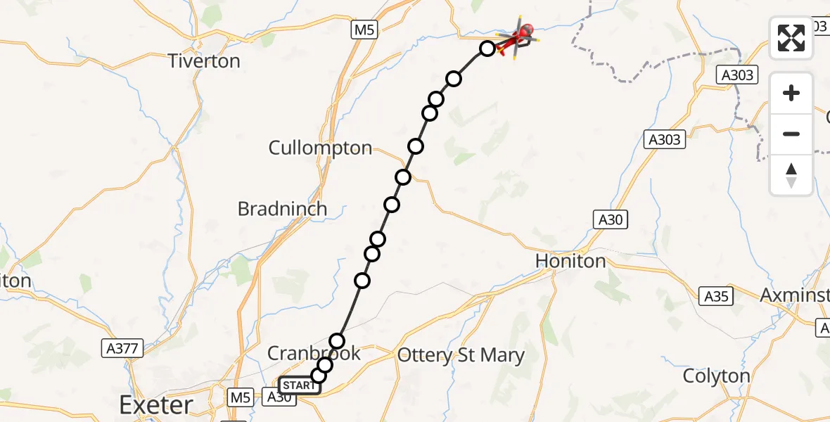 Flight route Air Ambulance Helicopter Exeter International Airport - Hemyock, 30 October 2026, 15:53