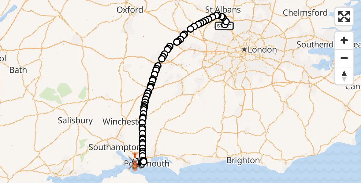 Flight route Coastguard Helicopter Elstree Airfield - Solent Airport, 30 October 2026, 15:54