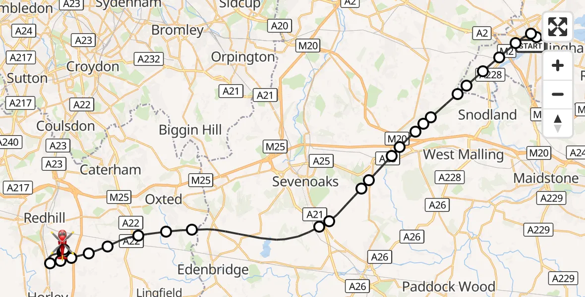 Flight route Air Ambulance Helicopter Rochester - Redhill Aerodrome, 30 October 2026, 15:58