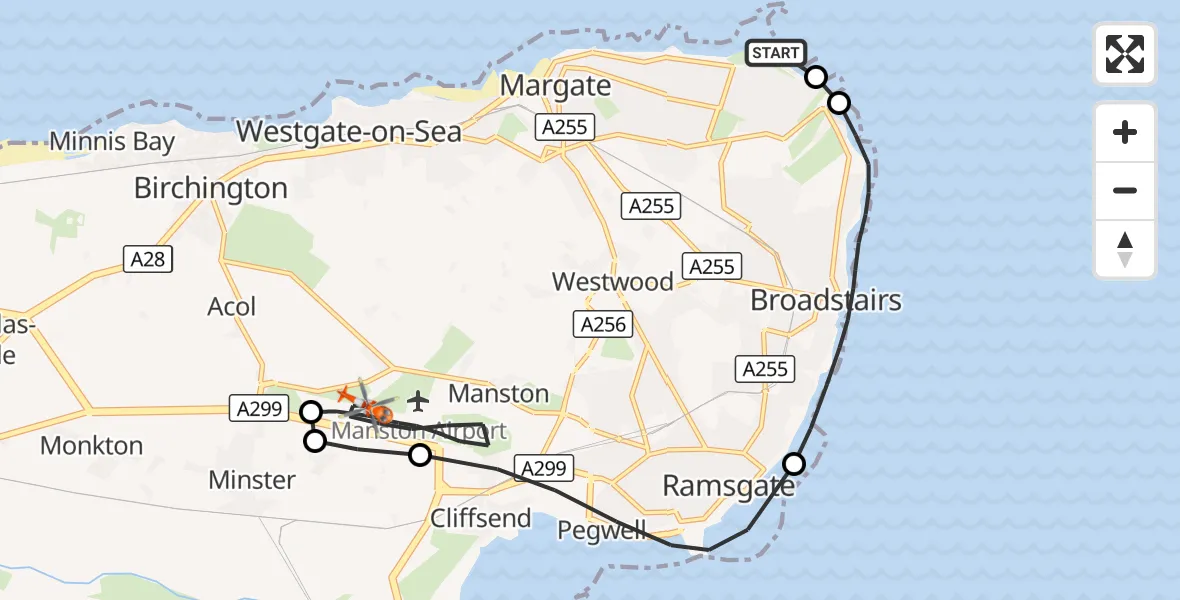Flight route Coastguard Helicopter Margate - Manston Airport, 30 October 2026, 16:05