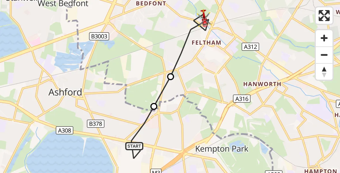 Flight route Air Ambulance Helicopter Charlton - Feltham, 30 October 2026, 16:07