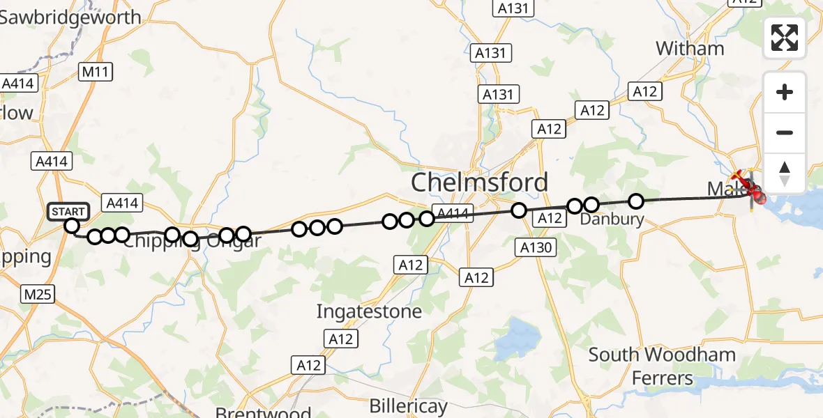 Flight route Air Ambulance Helicopter North Weald Airfield - Maldon, 30 October 2026, 16:07