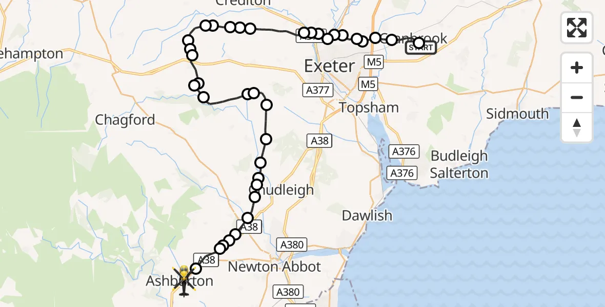 Flight route Police Helicopter Rockbeare - Ashburton, 30 October 2026, 16:13
