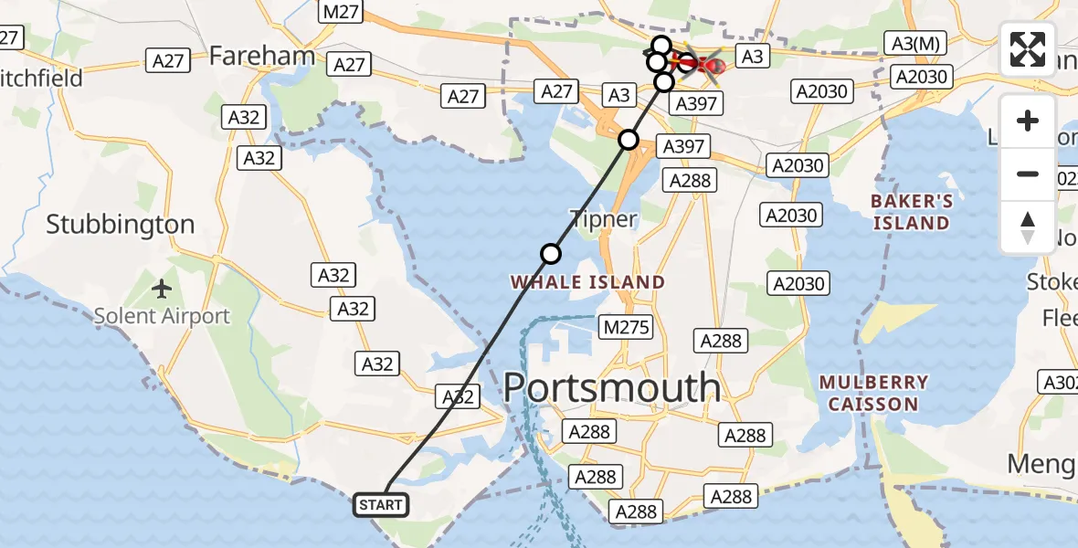 Flight route Air Ambulance Helicopter Gosport - Queen Alexandra Hospital, 30 October 2026, 16:29