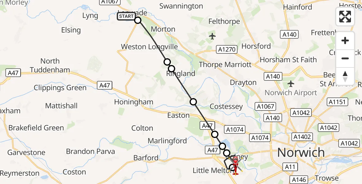 Flight route Air Ambulance Helicopter Lenwade - Norfolk & Norwich Hospital, 30 October 2026, 16:31