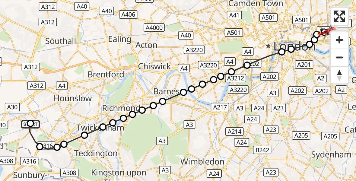 Flight route Air Ambulance Helicopter Feltham - Royal London Hospital, 30 October 2026, 16:32