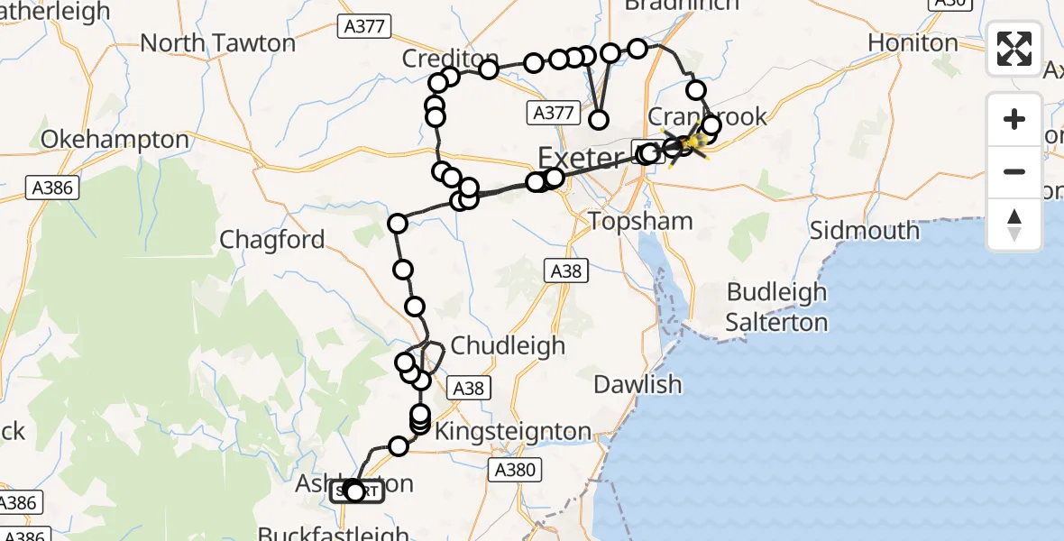 Flight route Police Helicopter Ashburton - Exeter International Airport, 30 October 2026, 16:39