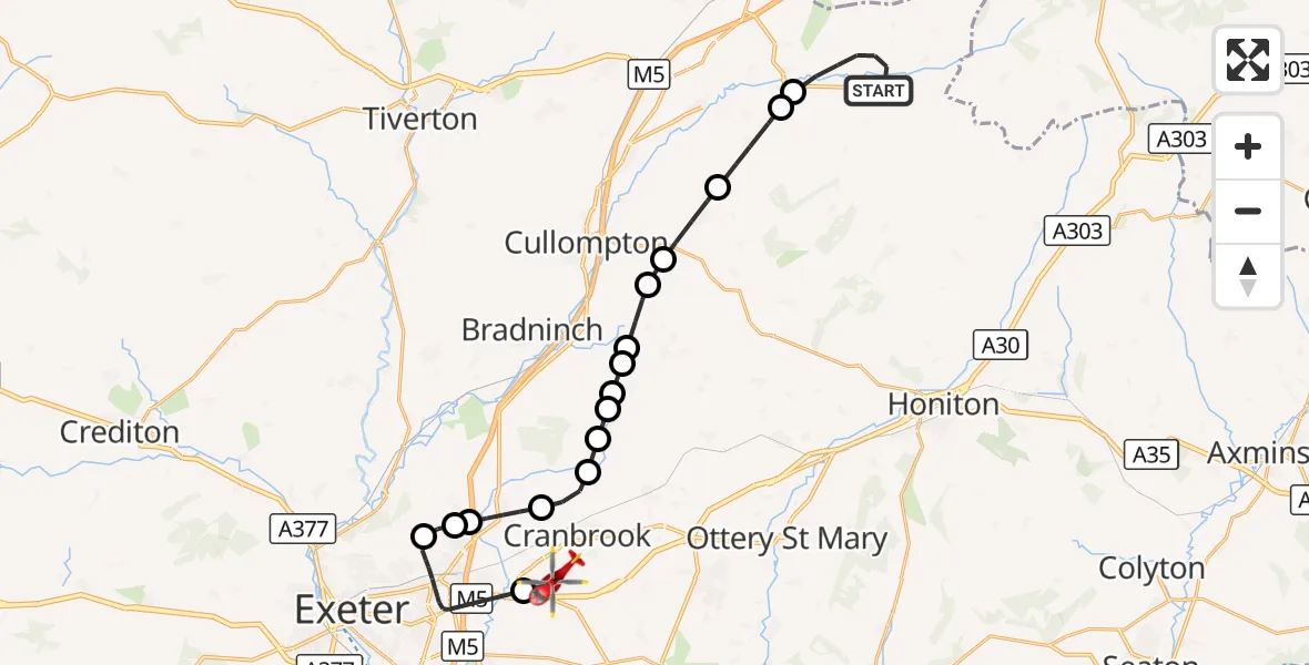 Flight route Air Ambulance Helicopter Hemyock - Exeter International Airport, 30 October 2026, 16:43