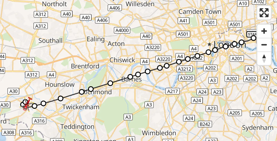 Flight route Air Ambulance Helicopter Royal London Hospital - Feltham, 30 October 2026, 16:45