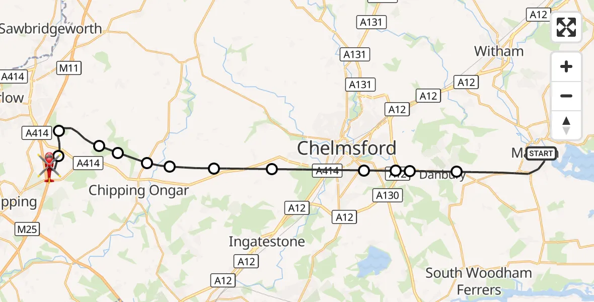 Flight route Air Ambulance Helicopter Maldon - North Weald Airfield, 30 October 2026, 16:51