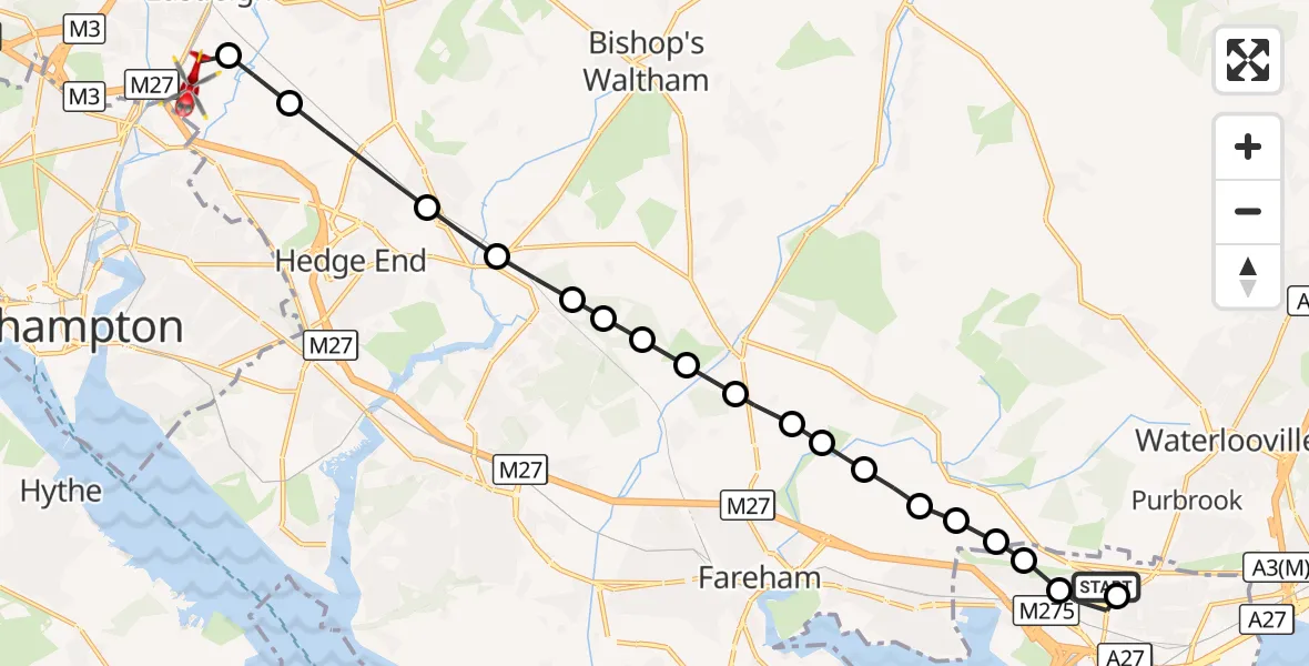 Flight route Air Ambulance Helicopter Queen Alexandra Hospital - Southampton Airport, 30 October 2026, 17:06