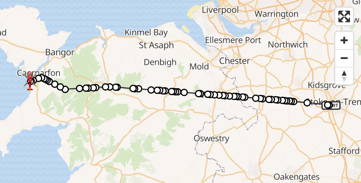 Flight route Air Ambulance Helicopter University Hospital North Staffs - Caernarfon Airport, 30 October 2026, 17:09