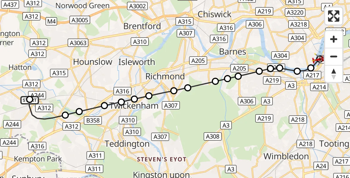 Flight route Air Ambulance Helicopter Feltham - London Heliport, 30 October 2026, 17:27