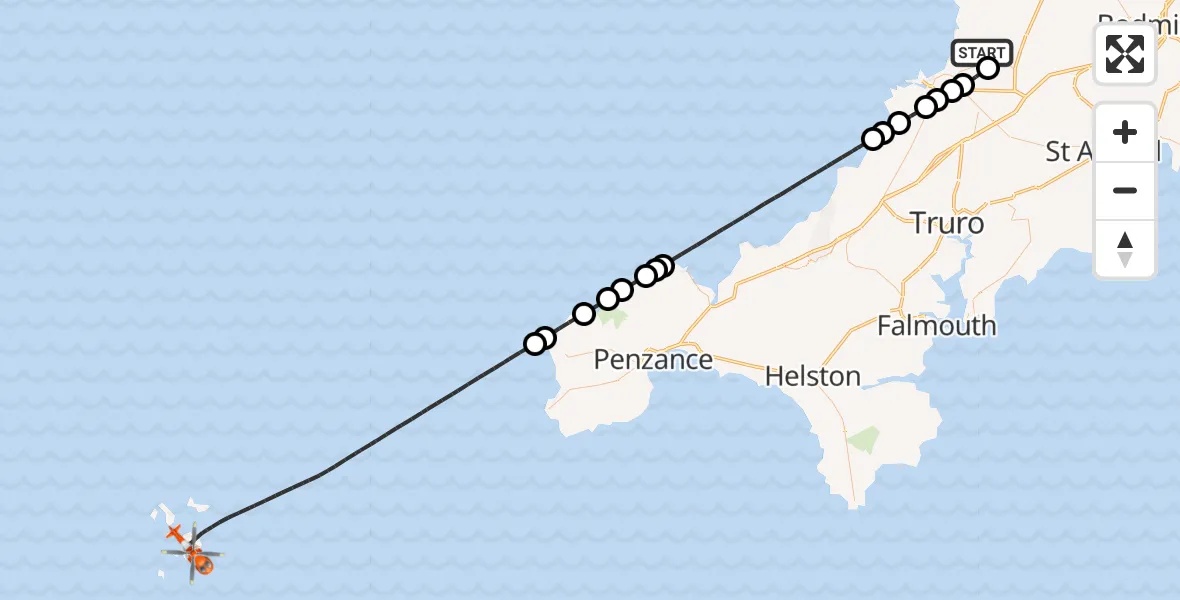 Flight route Coastguard Helicopter Cornwall Airport Newquay - North Atlantic Ocean, 30 October 2026, 17:35