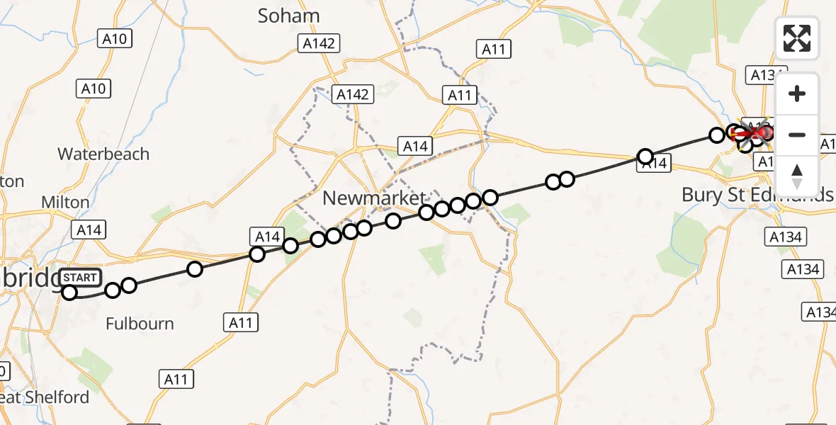 Flight route Air Ambulance Helicopter Cambridge City Airport - Fornham St Genevieve, 30 October 2026, 17:40