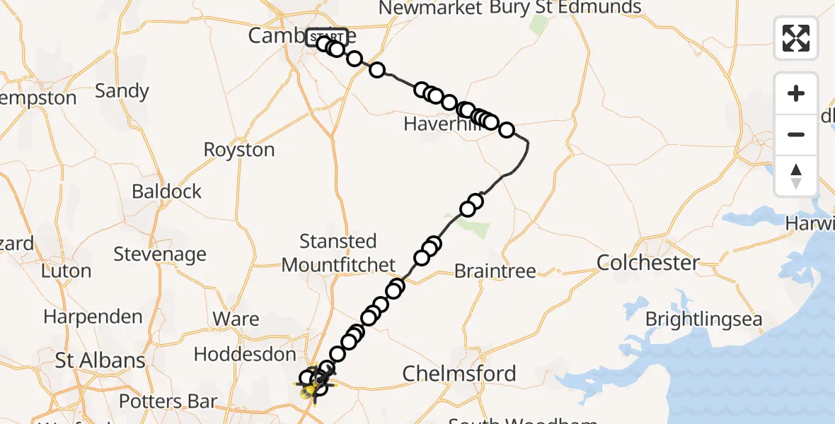 Flight route Police Helicopter Cambridge City Airport - North Weald Airfield, 30 October 2026, 17:42