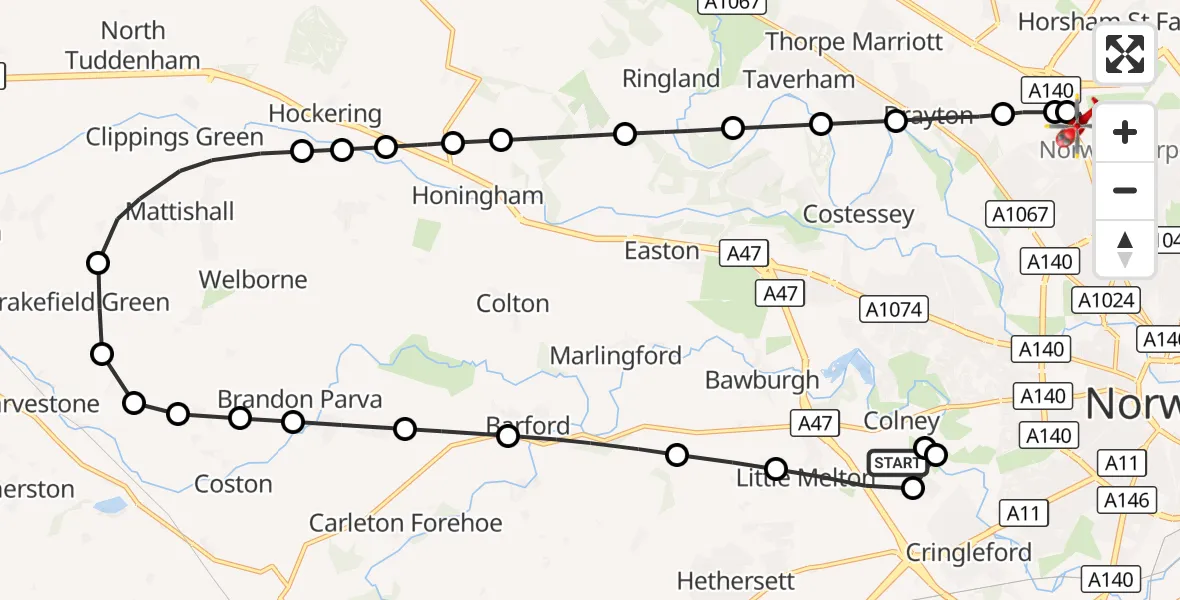 Flight route Air Ambulance Helicopter Norfolk & Norwich Hospital - Norwich Airport, 30 October 2026, 17:50