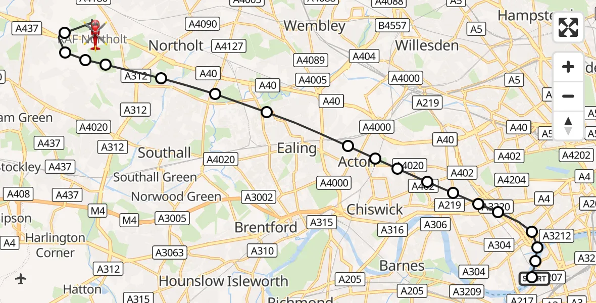 Flight route Air Ambulance Helicopter London Heliport - RAF Northolt, 30 October 2026, 18:03