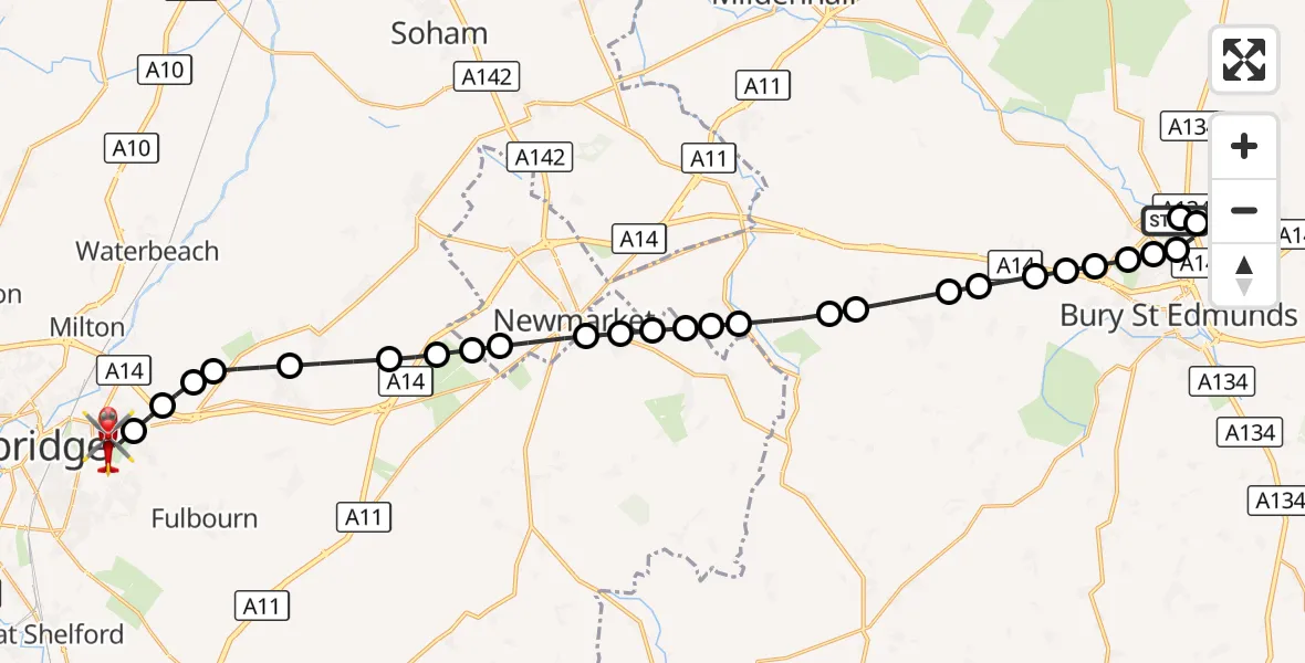 Flight route Air Ambulance Helicopter Fornham St Martin - Cambridge City Airport, 30 October 2026, 18:34