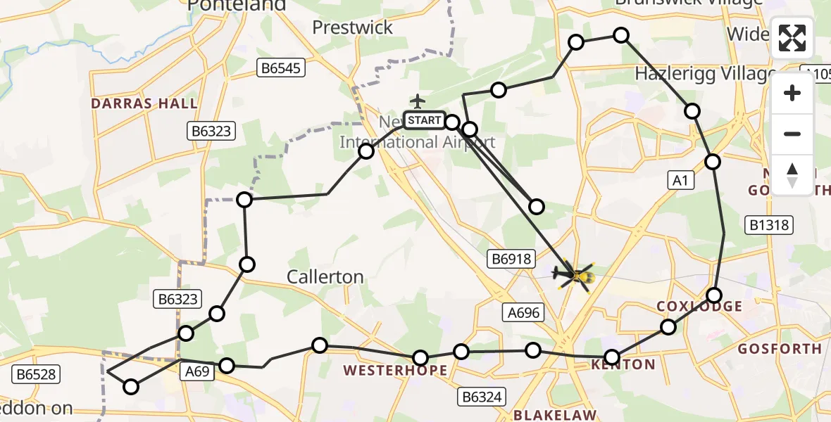 Flight route Police Helicopter Newcastle International Airport - Woolsington, 30 October 2026, 19:47