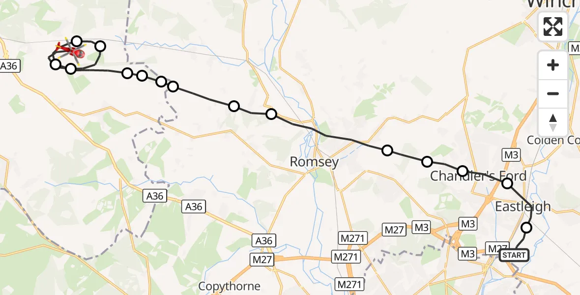 Flight route Air Ambulance Helicopter Southampton Airport - West Grimstead, 30 October 2026, 22:15