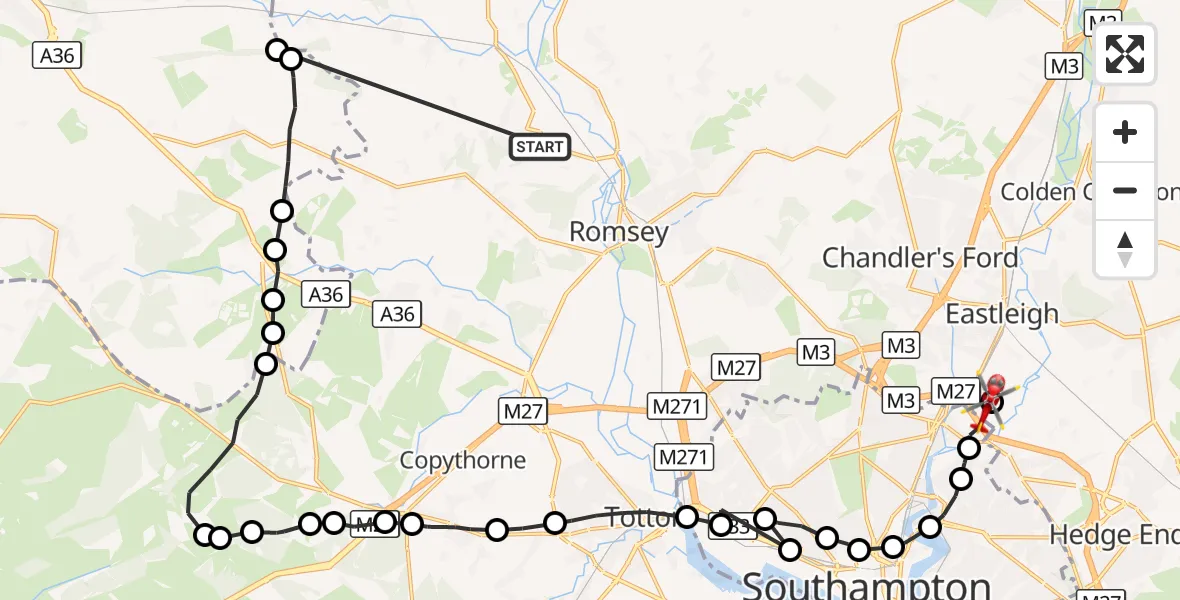 Flight route Air Ambulance Helicopter Awbridge - Southampton Airport, 30 October 2026, 22:29