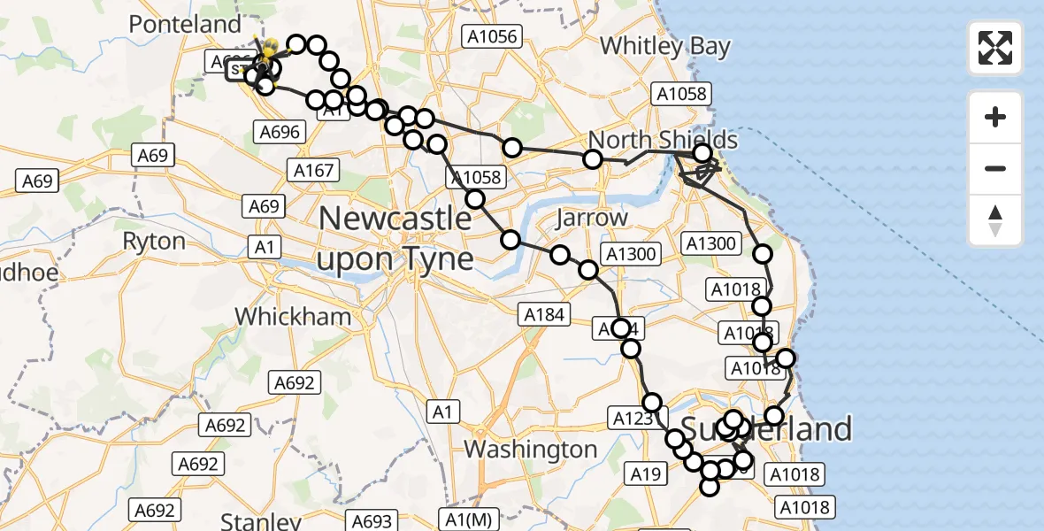 Flight route Police Helicopter Newcastle International Airport - Newcastle International Airport, 30 October 2026, 22:51