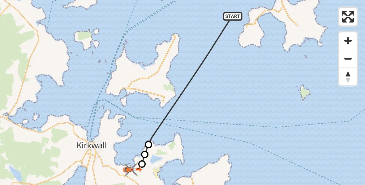 Flight route Coastguard Helicopter North Atlantic Ocean - Kirkwall Airport, 30 October 2026, 23:38