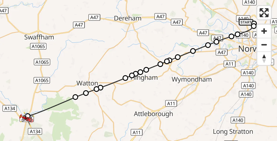 Flight route Air Ambulance Helicopter Norwich Airport - Mundford, 31 October 2026, 09:47
