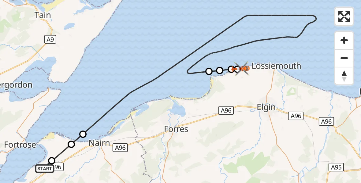 Flight route Coastguard Helicopter Inverness Airport - Duffus, 31 October 2026, 10:15