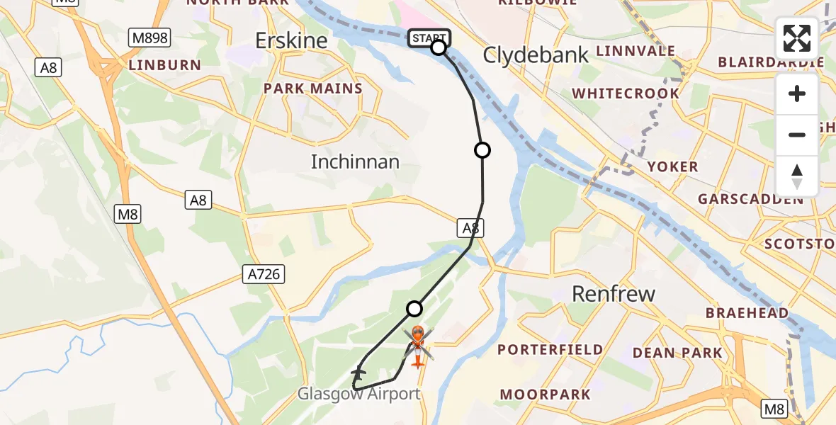 Flight route Coastguard Helicopter Golden Jubilee Hospital - Glasgow Airport, 31 October 2026, 10:34