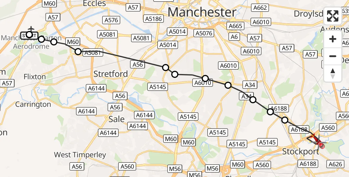 Flight route Air Ambulance Helicopter Manchester Barton Aerodrome - Stockport, 31 October 2026, 10:44