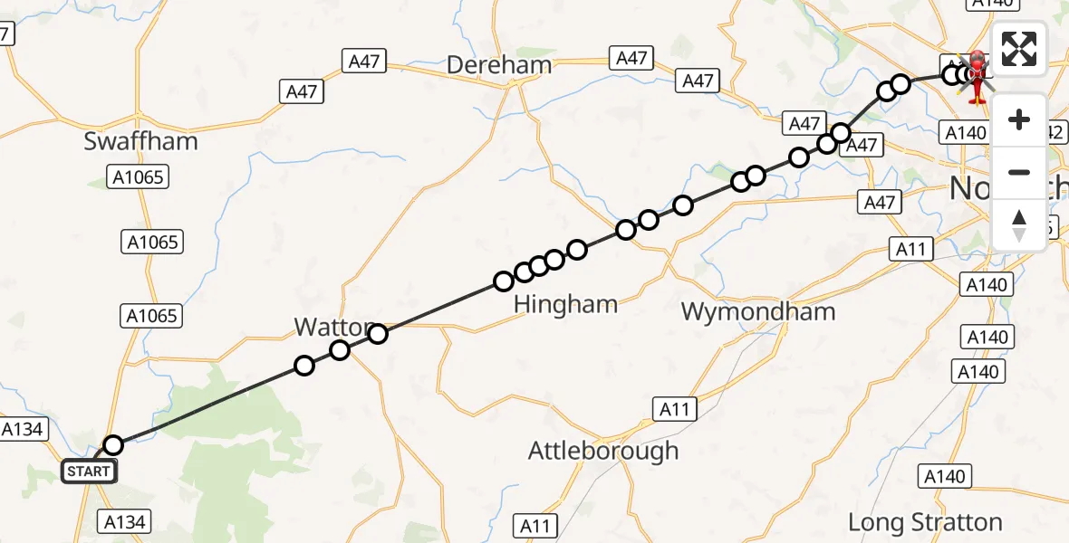 Flight route Air Ambulance Helicopter Mundford - Norwich Airport, 31 October 2026, 10:47