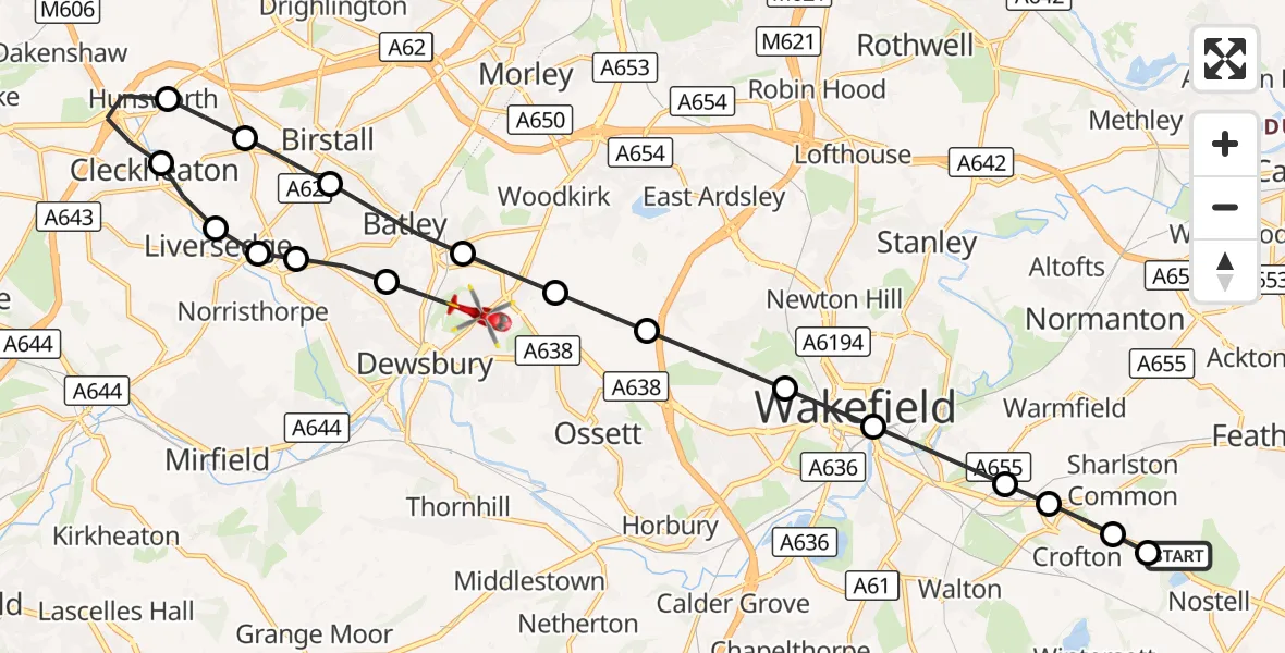 Flight route Air Ambulance Helicopter YAA Nostell Helicopter Port - Dewsbury, 31 October 2026, 11:27