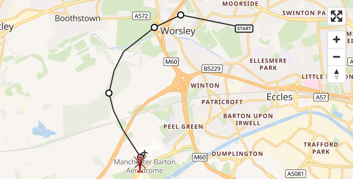 Flight route Air Ambulance Helicopter Swinton - Manchester Barton Aerodrome, 31 October 2026, 12:51