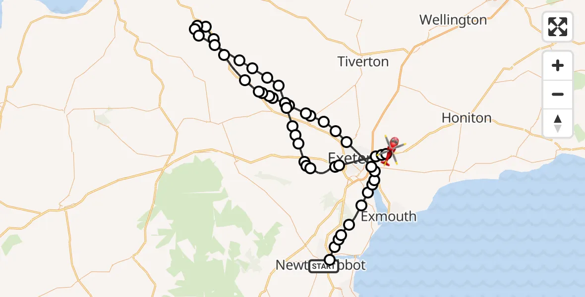 Flight route Air Ambulance Helicopter Newton Abbot - Exeter International Airport, 31 October 2026, 12:51