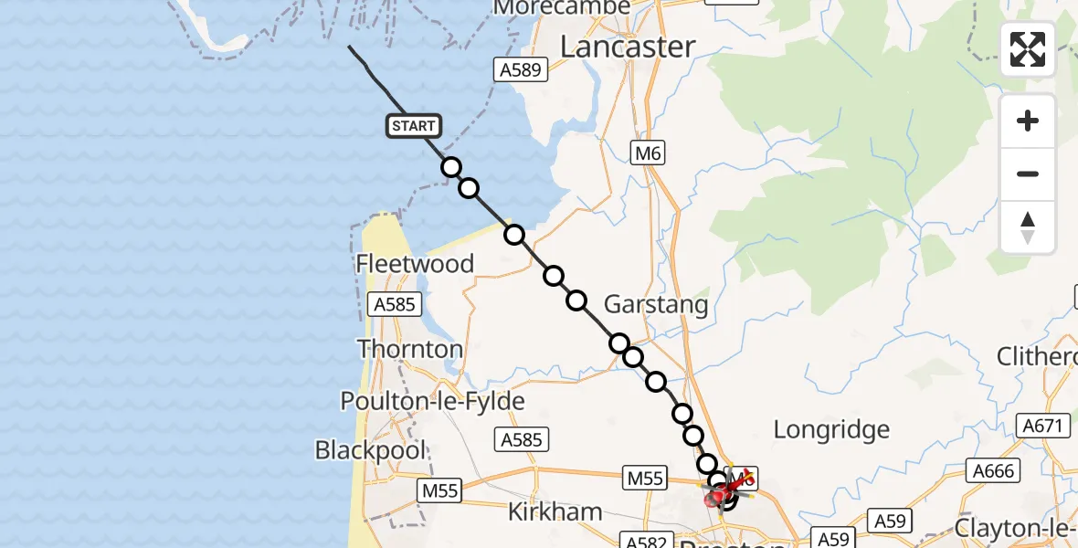 Flight route Air Ambulance Helicopter Fleetwood - Preston, 31 October 2026, 12:52
