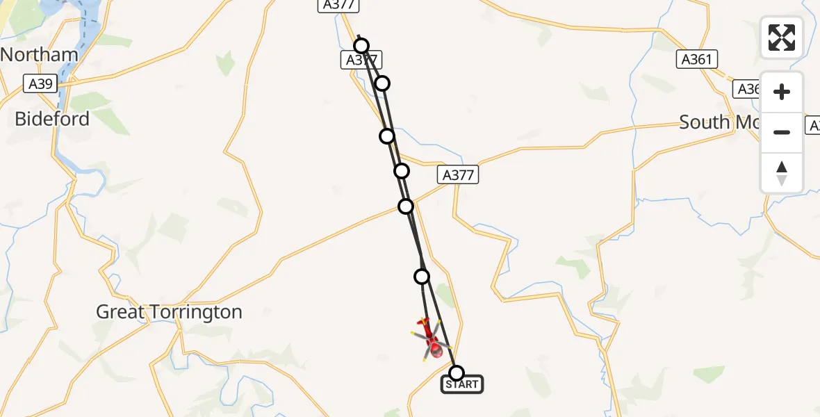 Flight route Air Ambulance Helicopter Eaglescott Airfield - Roborough, 31 October 2026, 13:03