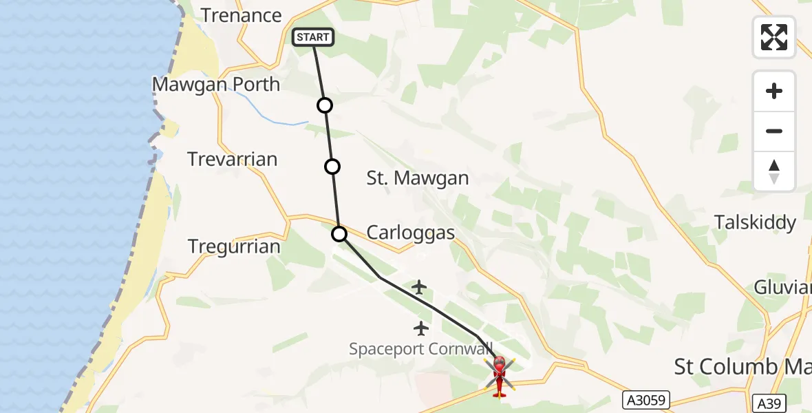 Flight route Air Ambulance Helicopter Mawgan Porth - Cornwall Airport Newquay, 31 October 2026, 13:08
