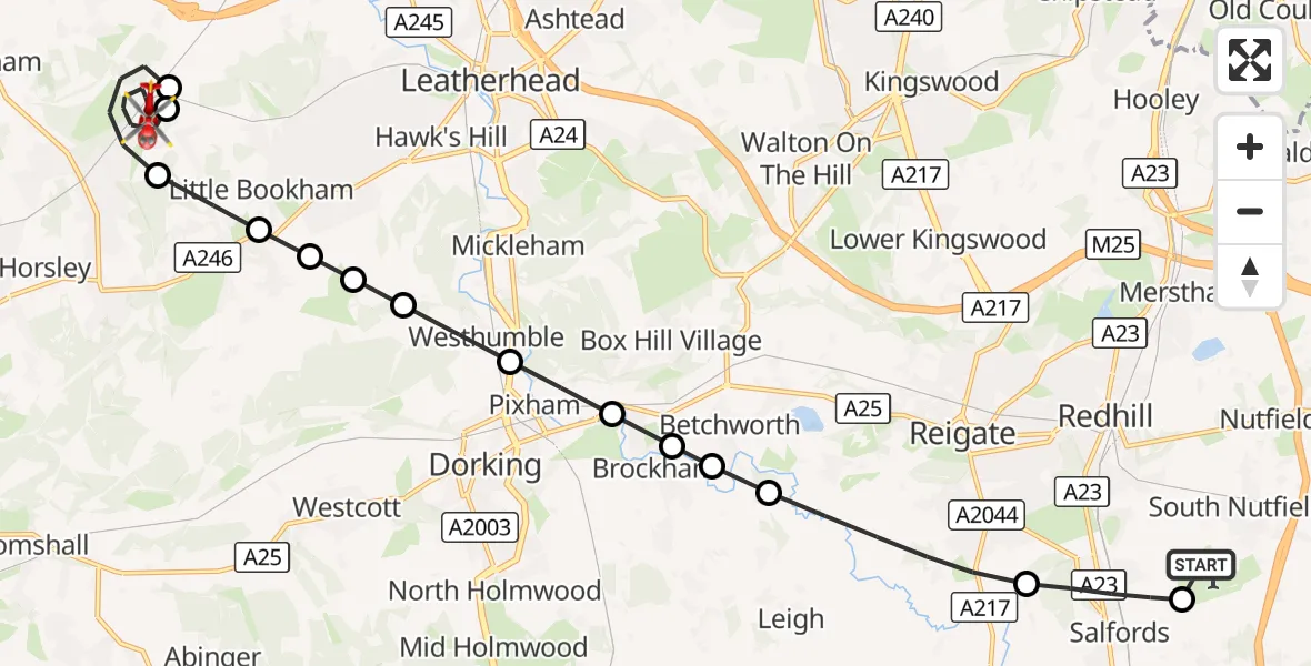 Flight route Air Ambulance Helicopter Redhill Aerodrome - Guildford, 31 October 2026, 13:17