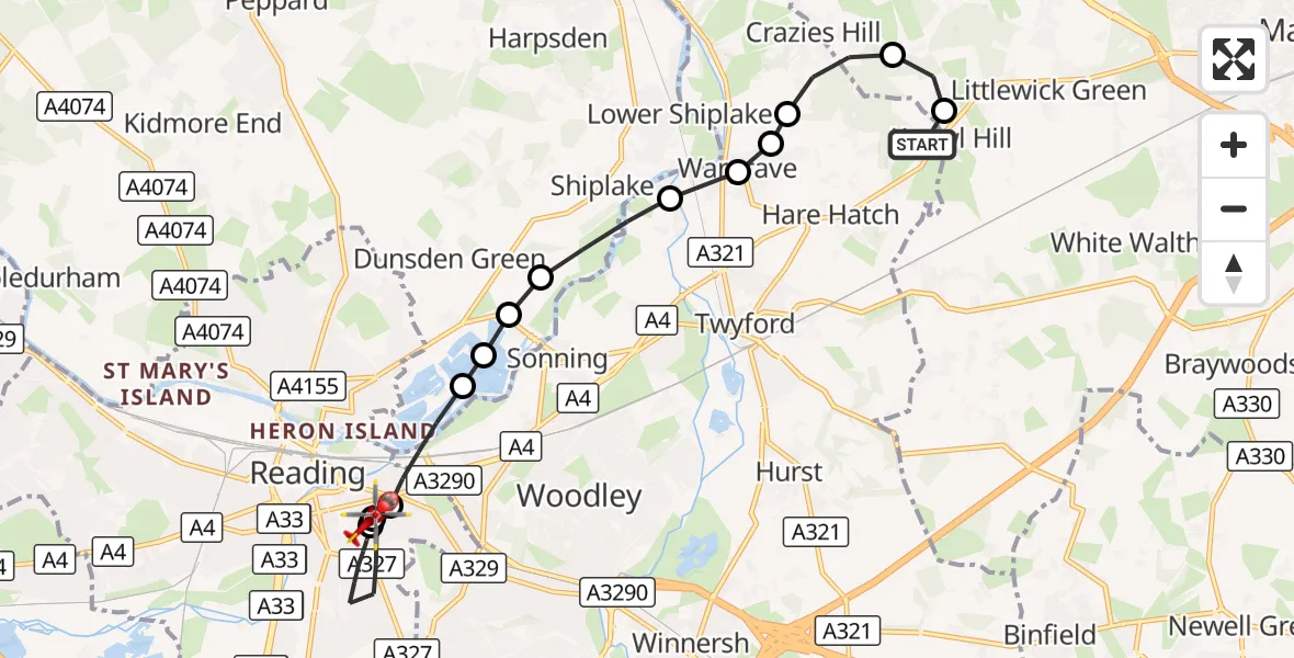 Flight route Air Ambulance Helicopter Kiln Green - Royal Berkshire Hospital, 31 October 2026, 13:30