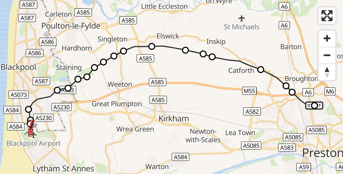 Flight route Air Ambulance Helicopter Royal Preston - Blackpool Airport, 31 October 2026, 13:39