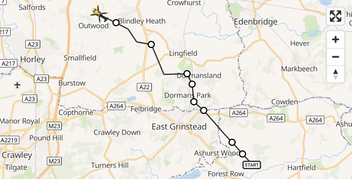Flight route Police Helicopter Wealden - Outwood, 31 October 2026, 14:01