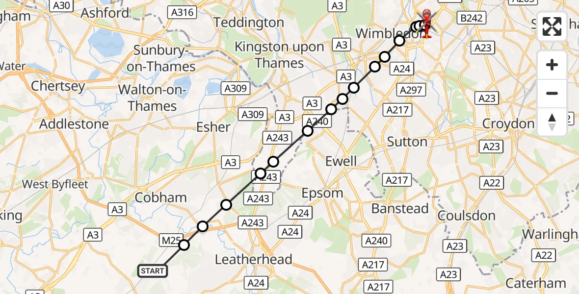 Flight route Air Ambulance Helicopter Guildford - St Georges Hospital, 31 October 2026, 14:19