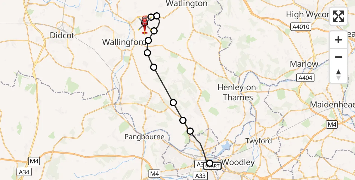 Flight route Air Ambulance Helicopter Royal Berkshire Hospital - RAF Benson, 31 October 2026, 14:20