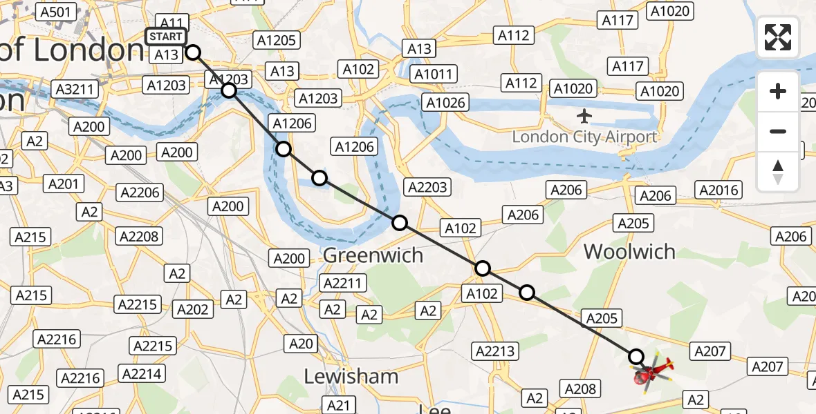 Flight route Air Ambulance Helicopter Royal London Hospital - Shooters Hill, 31 October 2026, 14:20