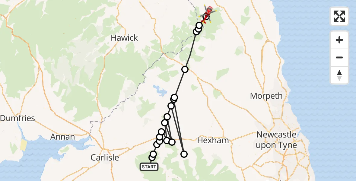 Flight route Air Ambulance Helicopter Castle Carrock - Kirknewton, 31 October 2026, 14:26