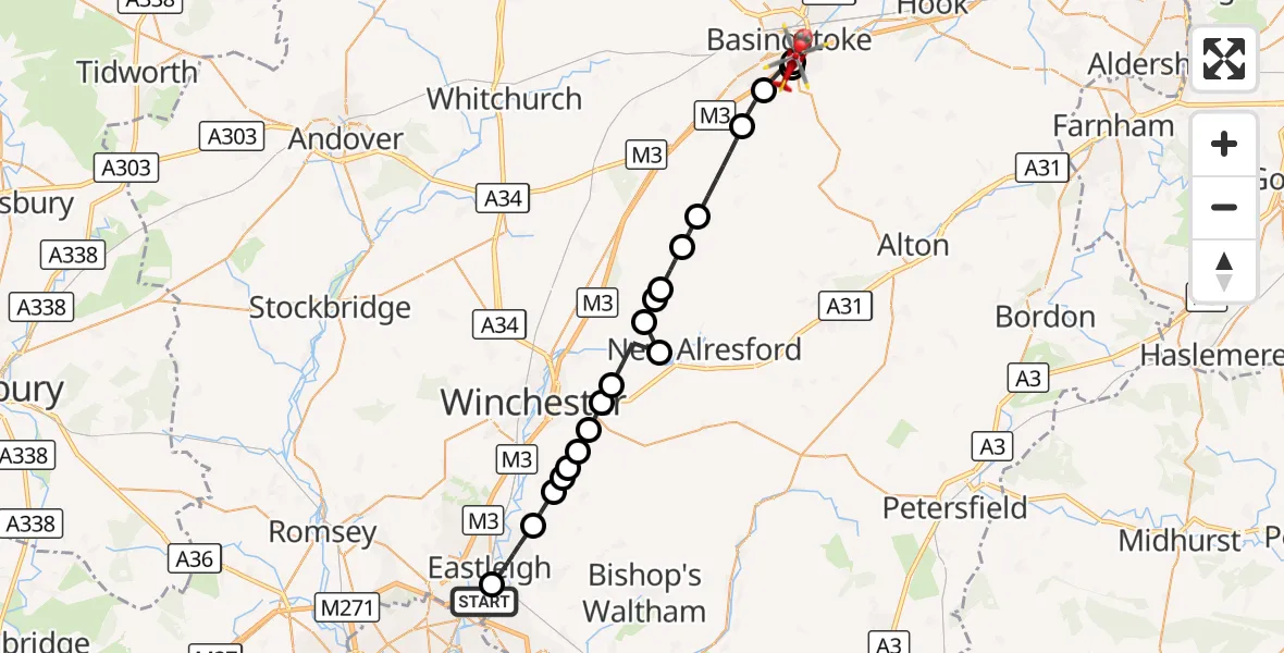 Flight route Air Ambulance Helicopter Southampton Airport - Basingstoke, 31 October 2026, 14:29
