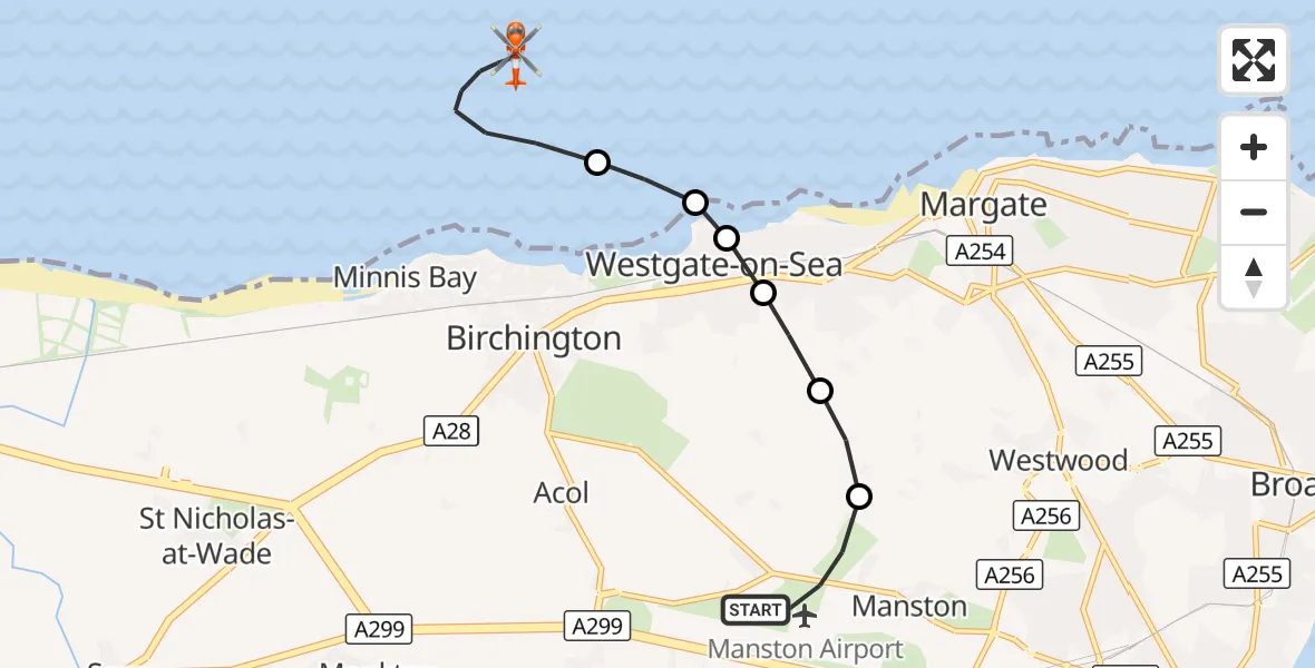 Flight route Coastguard Helicopter Manston Airport - North Sea, 31 October 2026, 14:38