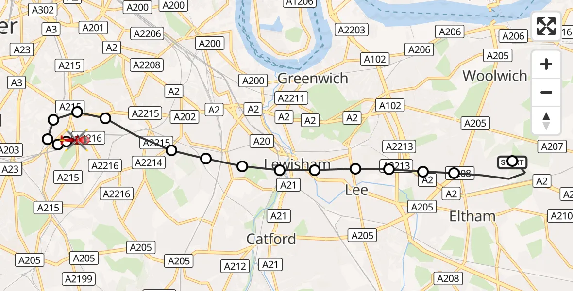 Flight route Air Ambulance Helicopter Shooters Hill - Kings College London Hospital, 31 October 2026, 14:44